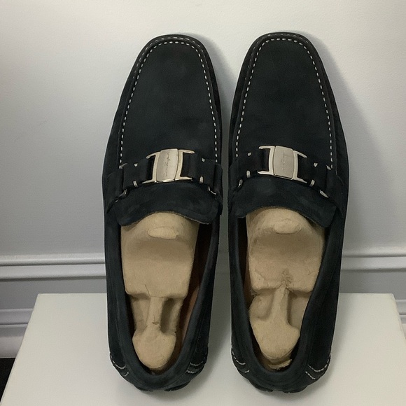 Salvatore Ferragamo Dark Suede Loafers with Silver Buckle - Picture 2 of 15